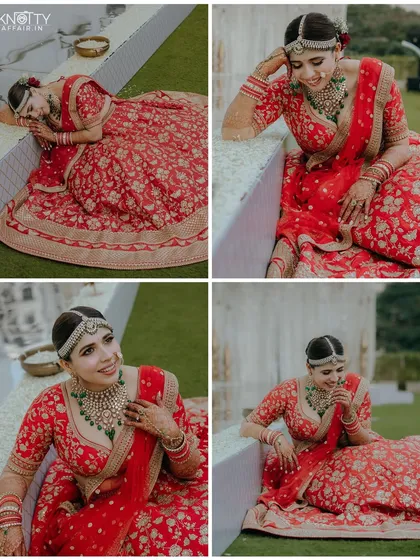 A collage of the bride in her red Sabyasachi lehenga, showing playful and relaxed poses. We make sure our brides feel comfortable and have fun during their solo shoot.