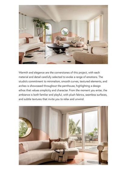 This spread from Design Milk emphasizes the warmth and elegance of the project, achieved through a careful selection of materials, smooth curves, and plush fabrics.