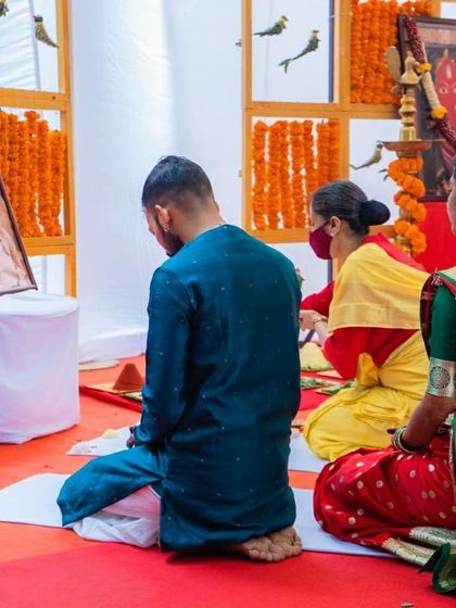 Seeking blessings from my Guru on my wedding day. It was important for us to begin our new life together with this sense of gratitude and devotion.