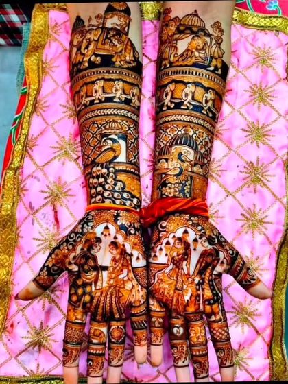 This vibrant design is filled with wedding scenes. It shows the couple during the varmala ceremony and also includes doli and baraat elements with peacocks and elephants.