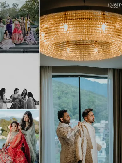 A collection of behind-the-scenes moments from the wedding day. It shows the groom getting ready, the bride with her bridesmaids, and friends helping with final touches, telling the story of the people who make the day special.