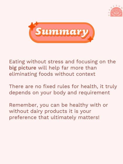A summary slide from my infographic on PCOS and dairy. The key is to eat without stress and focus on the big picture. There are no fixed rules; it depends on your body.