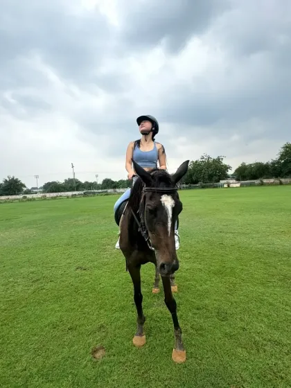 A low-angle shot looking up at the rider and the cloudy sky, creating a dramatic and powerful image.