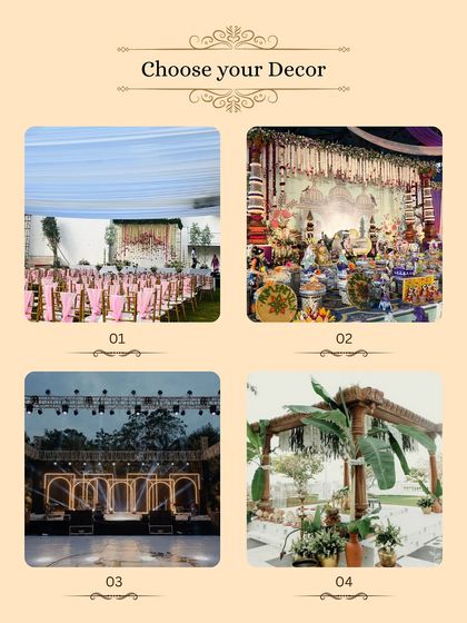 From traditional mandaps and grand Sangeet stages to elegant outdoor setups, we offer a wide range of decor styles. This collage showcases the variety we offer, and we work with you to choose or create the perfect design.