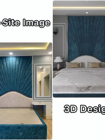We take pride in bringing our 3D designs to life. This image compares the initial design for a master bedroom with the stunning on-site result, showcasing the custom fabric headboard and wall mouldings exactly as planned.