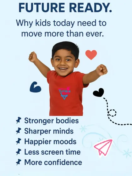 Future ready. This graphic explains why kids today need to move more than ever, listing benefits like stronger bodies, sharper minds, and less screen time.