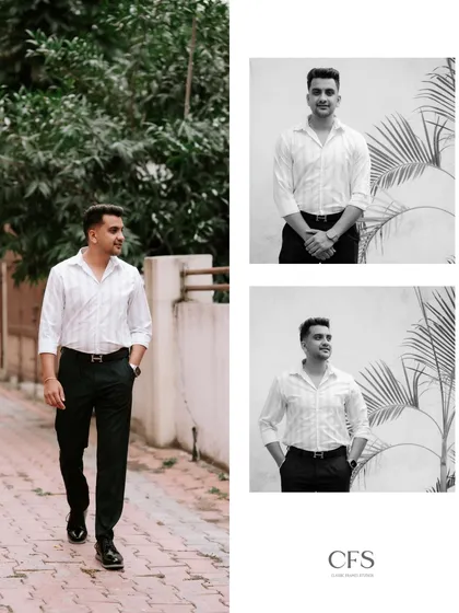A collage of the groom looking relaxed and happy. The mix of a casual walking shot and classic black and white portraits captures his easygoing charm.