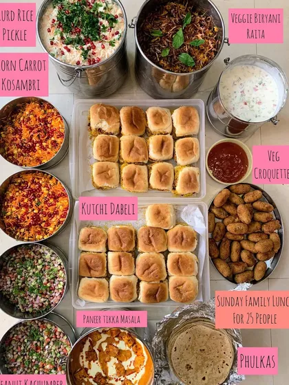 The full spread for a Sunday family lunch, showcasing the vibrant colors and variety of dishes.