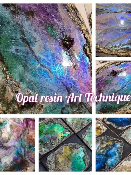 A collage showcasing the beautiful opal resin art technique. You can learn this and many other trending techniques in my upcoming online workshops.