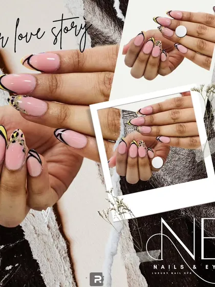 This design mixes different patterns for a bold, modern French tip. We combined a sharp black tip with a trendy yellow and black leopard print accent for a fierce look.