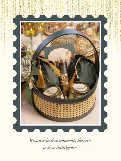 Because festive moments deserve festive indulgence. This beautiful cane basket hamper is filled with treats and can be customized for any celebration you have in mind.
