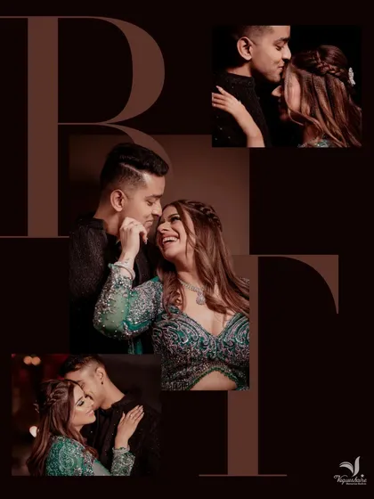 A collage of portraits from an engagement ceremony, capturing the couple's joy and the beautiful details of the event.