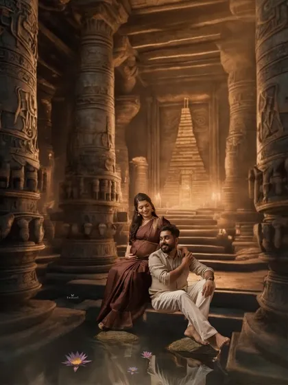 A grand, painterly portrait of a couple in a magnificent temple hall. This shot combines traditional attire with a fantasy backdrop to create a truly epic maternity photo.