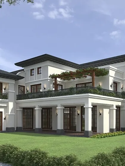 This 3D visualization shows the rear elevation of an upcoming classical villa, featuring a grand terrace and symmetrical design for a timeless and elegant aesthetic.