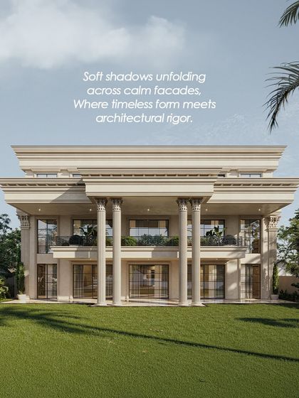 Soft shadows unfold across the calm facade of this neoclassical home, where timeless form meets architectural rigor. The grand columns and symmetrical design create a sense of peace and order.