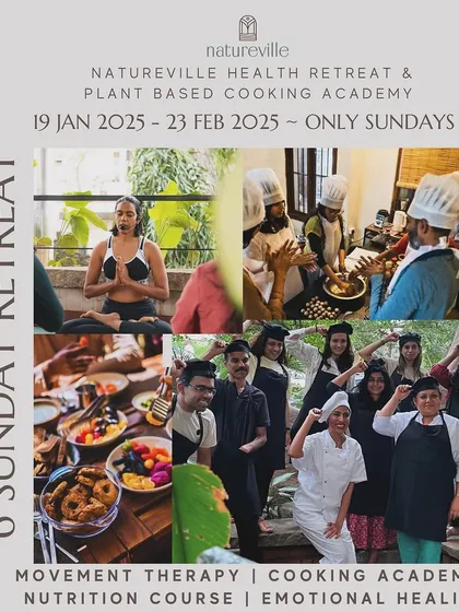 Join my 6-Sunday Health Retreat and Plant-Based Cooking Academy. This collage shows the vibrant community and experiences, from movement therapy and emotional healing to hands-on cooking classes, that will empower you to take charge of your health.