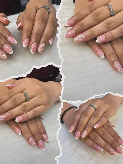 A collage showing different angles of this beautiful pink and white French manicure, featuring marble and glitter accent nails. A versatile look for any bridal event.