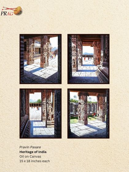A set of four paintings depicting the 'Heritage of India' by Pravin Pasare, focusing on the intricate pillars and play of light in ancient temples.