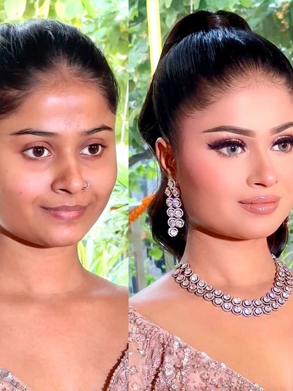 I'm obsessed with this engagement glam look. The transformation is incredible, featuring a flawless base and dramatic eyes that make a statement.