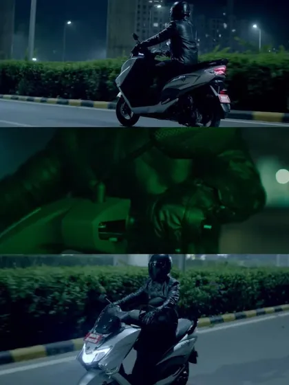 A collage of stills from the Suzuki Burgman Street EX commercial. The all-black leather riding gear was chosen to convey a sense of power, style, and urban adventure.