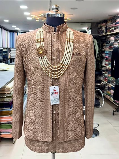 Another in-store shot of the Mocha Brown Jodhpuri, showing its rich color and texture against the backdrop of my fabric collection.