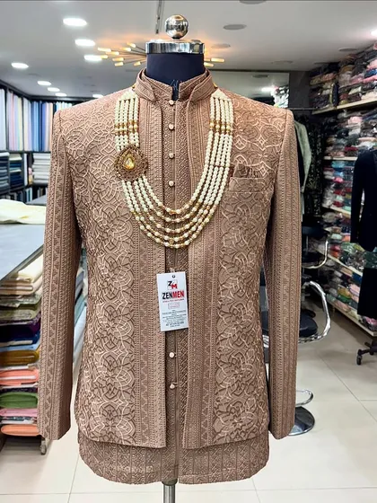 Another in-store shot of the Mocha Brown Jodhpuri, showing its rich color and texture against the backdrop of my fabric collection.