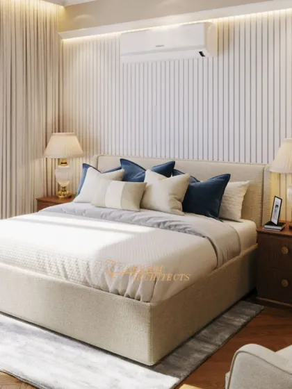 This bedroom design uses a simple yet elegant palette of beige and blue. The vertically paneled wall adds texture, while the large windows draped in sheer curtains create a bright and airy feel.
