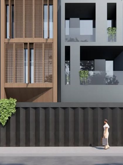 This rendering highlights the entrance and ground level of 'Project 42'. The design focuses on creating a secure and welcoming entry, with materials and lighting chosen to complement the modern aesthetic of the overall structure.