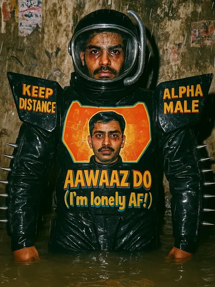 A man in futuristic armor stands in floodwaters, with a chest plate that reads 'AAWAAZ DO (I'm lonely AF!)'. This image blends a tough, 'alpha male' exterior with a vulnerable, humorous message.