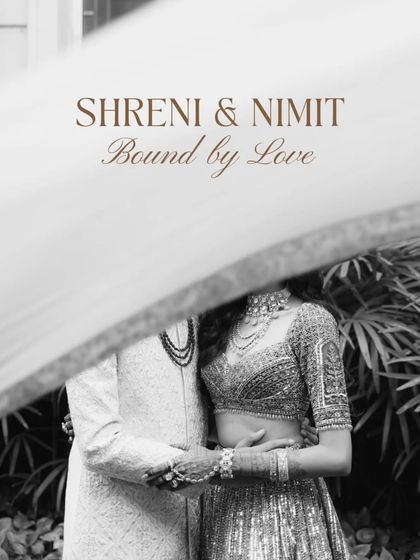 A black and white portrait with the couple's faces obscured, focusing on their embrace and the text 'Bound by Love'.