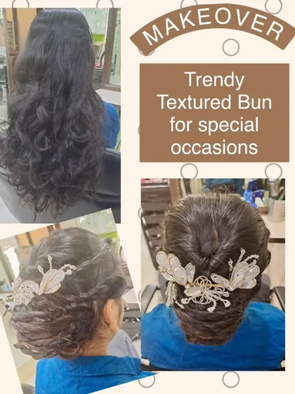 A beautiful example of a trendy textured bun, perfect for a wedding, party, or any special occasion. This updo combines softness and structure, finished with elegant hair accessories for a touch of sparkle.