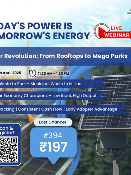 This ad for our "Solar Revolution" webinar features a small, pole-mounted solar panel. It highlights the scalability of solar businesses, from small rooftop installations to mega parks, and the consistent cash flow backed by government support.