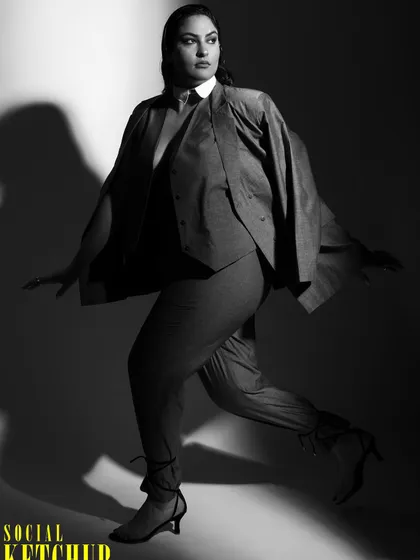 Movement and attitude. This dynamic black and white photo captures the energy of the look I created for Sakshi Sindwani's editorial shoot.