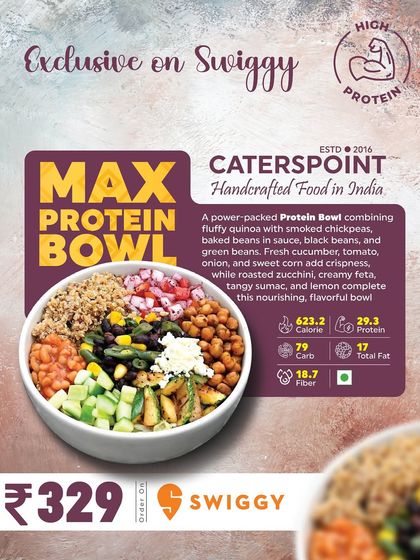 Our Max Protein Bowl is a power-packed meal with 29.3 grams of protein. It combines fluffy quinoa with smoked chickpeas, baked beans, black beans, and fresh veggies for a nourishing and flavorful bowl.