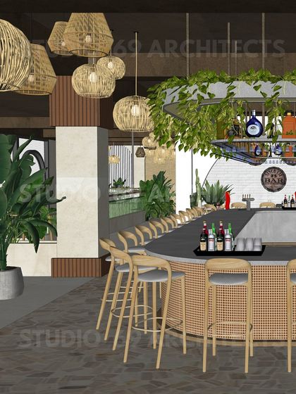Another render of the pub design, focusing on the bar area with its cane-paneled front and hanging plants. The design blends natural textures with a modern layout to create a trendy, welcoming space.