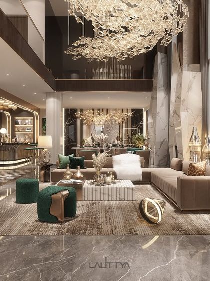 This living area showcases our ability to create opulent, multi-level spaces. A dramatic sculptural chandelier hangs in the double-height void, connecting the different zones, including a lounge area, a bespoke bar, and an upper-level viewing gallery.