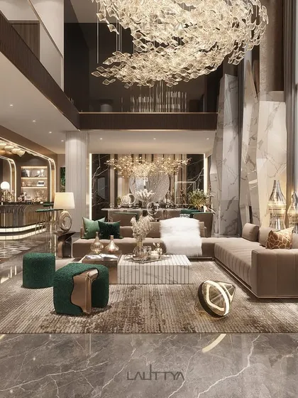 A visualization of an opulent living area where a double-height ceiling and massive glass windows create a sense of boundless space. The design integrates rich textures like marble and wood with plush furnishings and a sculptural chandelier for an atmosphere that is both extravagant and inviting.
