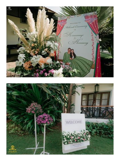 A collage showcasing the details of a boho Mehendi, from the personalized welcome sign to the pampas grass floral arrangements.