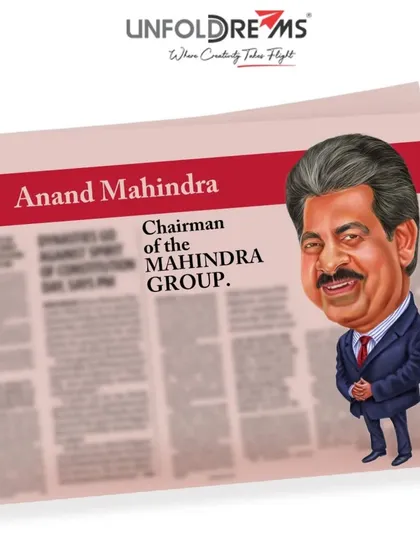 A caricature of Anand Mahindra, Chairman of the Mahindra Group.