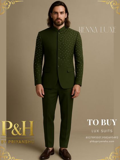 A full-length view of the olive green Jodhpuri, showcasing its sharp tailoring and unique embellishments.