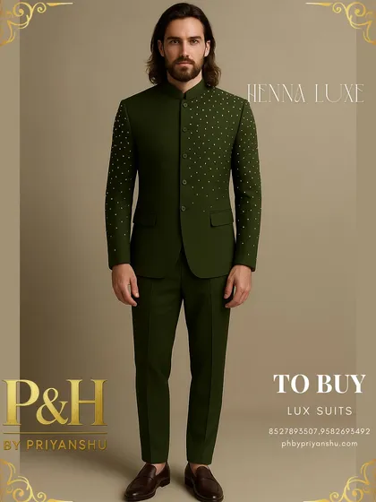 A full-length view of the olive green Jodhpuri, showcasing its sharp tailoring and unique embellishments.
