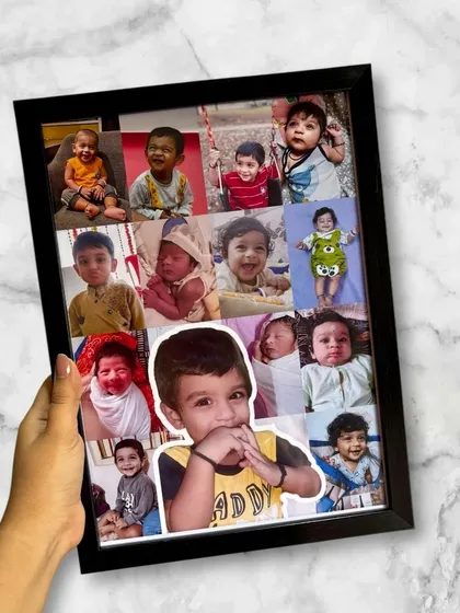This A4-sized photo frame collage is inspired by Pinterest layouts. It’s a wonderful way to showcase a collection of moments from your child's year, with one special photo highlighted in the center.