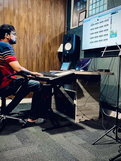 An instructor works on a track in our HSR Layout studio. Our teachers are active producers, bringing real industry experience to every lesson, from music theory to final mastering.