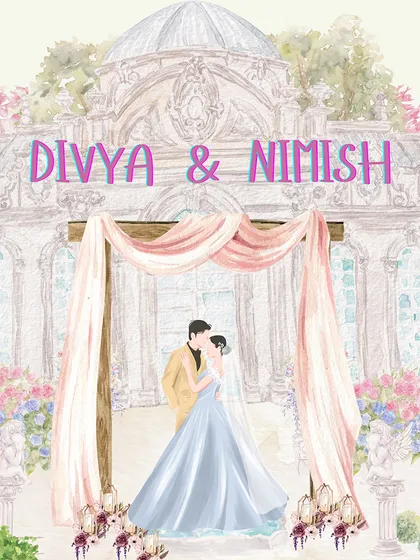 A custom watercolor-style illustration for Divya & Nimish's wedding, showcasing our ability to create personalized and artistic elements for our clients' celebrations.