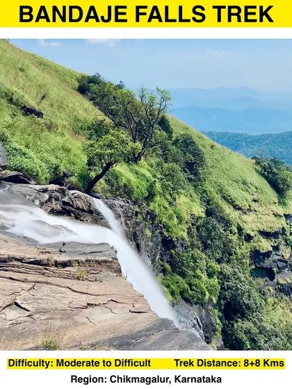 An info card for the Bandaje Falls trek, a moderate to difficult 16 km trek in Chikmagalur.