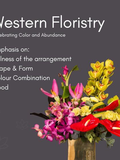 This graphic explains the principles of Western floristry, which celebrates color and abundance. It emphasizes fullness, shape, and mood, as seen in this vibrant arrangement.