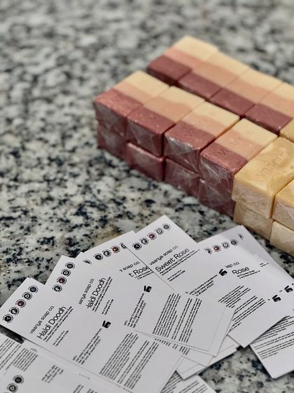 A behind-the-scenes look at the labeling process for our custom birthday favor soaps. Each label is applied by hand to ensure a perfect finish.