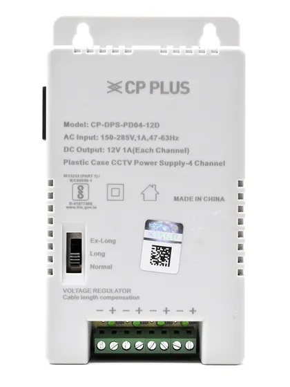 The front view of the 4-channel SMPS, showing the voltage regulator switch. This feature allows for cable length compensation, ensuring consistent power delivery to each camera.