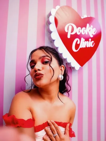 A fun and creative makeup look for content creator Srishti Garg for her "Pookie Clinic" series. I used bright pinks and a playful application to match the quirky, colorful theme of the shoot.