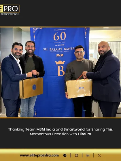 Our team celebrating a milestone with the leadership of M3M India and Smartworld. We believe in celebrating shared successes and fostering the relationships that help us thrive in Gurugram real estate.